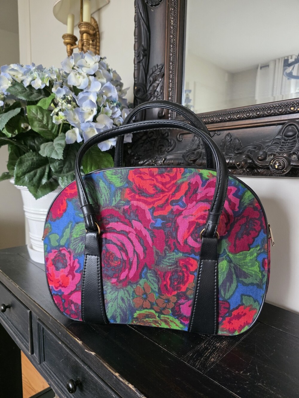 Vtg Tapestry Carpet Satchel Top Handle Shoulder Bag Colorful Floral 15x12x3